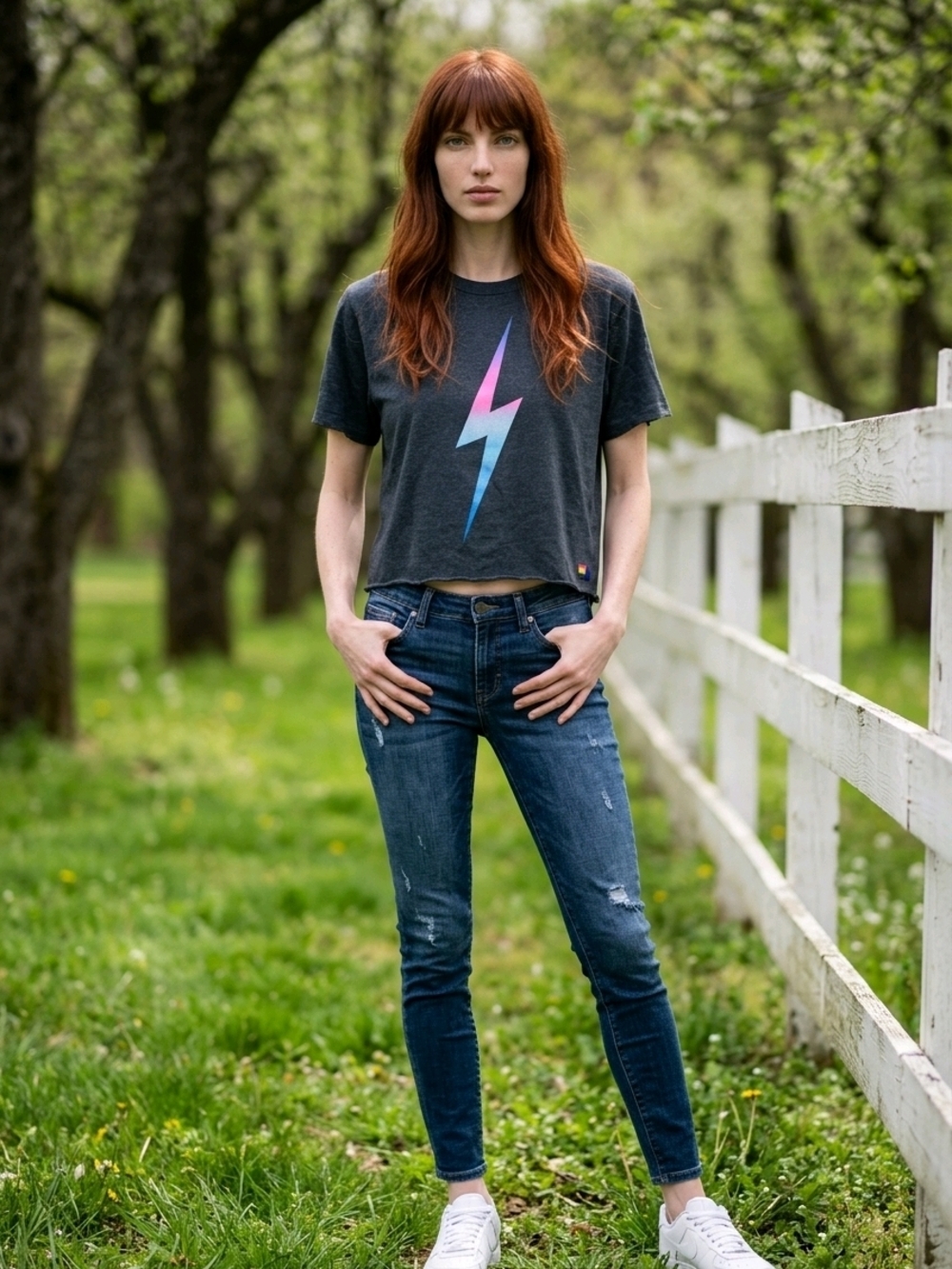 Aviator Nation Charcoal Crop Tee with Pink-to-Blue Lightning Bolt
